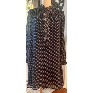 Anthropologie Isla Blue Polka Dot Sheer Tie Neck Shift Dress Pockets No Flaws SM